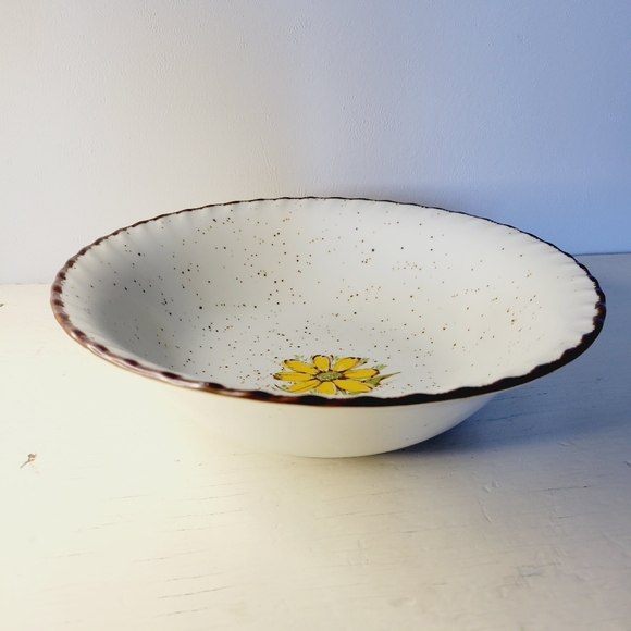 Takahashi Pottery Bowl Daisy Print Speckled White Yellow Floral Brown Rim - Picture 10 of 11